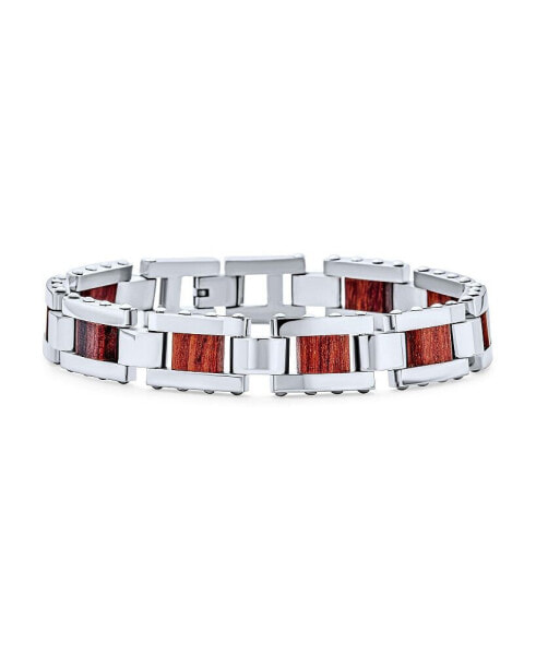Men's Genuine Brown Wood and Silver Tone Stainless Steel Bracelet with Strong Rectangle Link Design 8.5 Inch Length