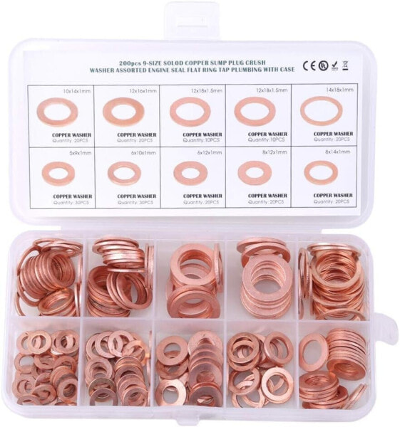JOMSK 200 Pieces Copper Flat Washer Oil Seal Copper Sealing Rings Washers Flat Ring Sump Plug Oil Seal Set Car Repair Accessories for Screws Screws Connectors