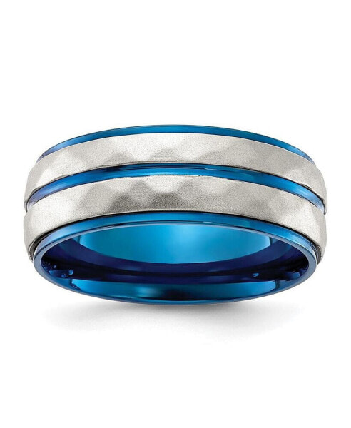 Stainless Steel & Sand-blasted Faceted Blue IP-plated Band Ring