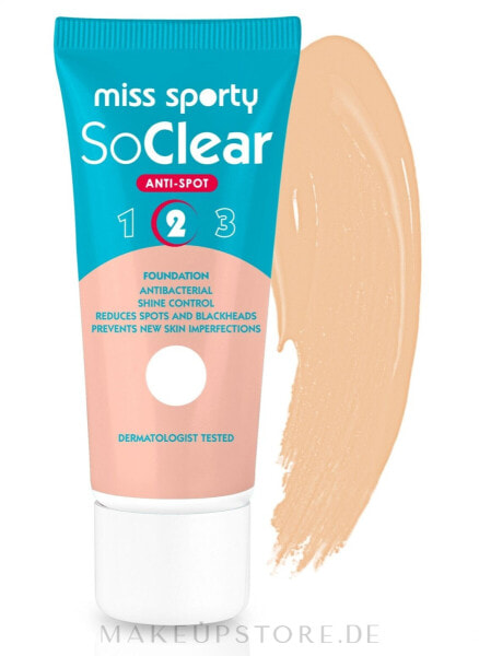 Antibakterielle Foundation für unreine Haut - Miss Sporty Foundation So Clear Anti Spot 2 002 - Medium