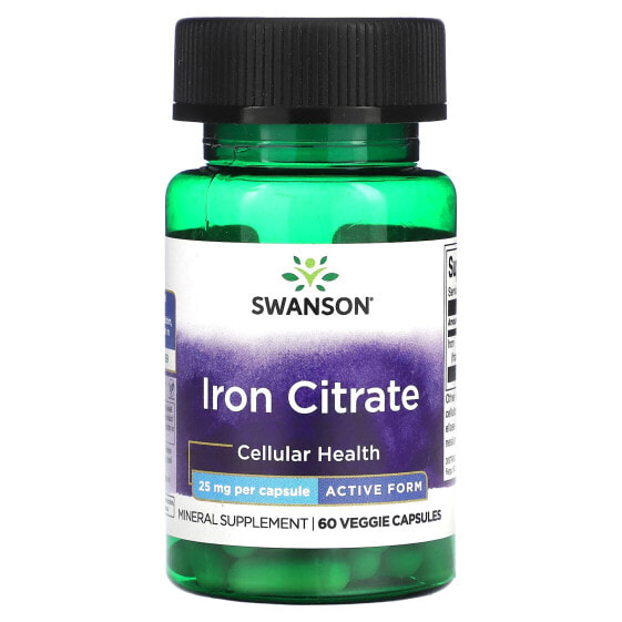 Железо Swanson Iron Citrate, Активная форма, 25 мг, 60 вегетарианских капсул