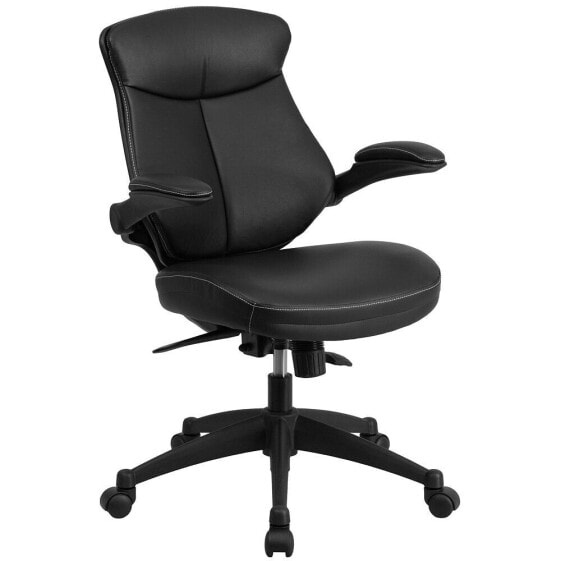 Mid-Back Black Leather Executive Swivel Chair With Back Angle Adjustment And Flip-Up Arms