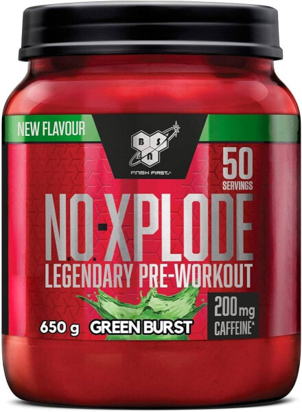 BSN Nutrition N.O.-Xplode Pre-Workout Powder Dietary Supplement, More Energy and Concentration with Caffeine, Amino Acids, Vitamin C and Zinc, Green Burst Flavour, 50 Servings, 650 g