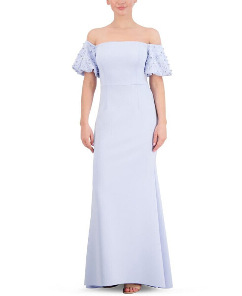 Petite Off-The-Shoulder Beaded Puff-Sleeve Gown