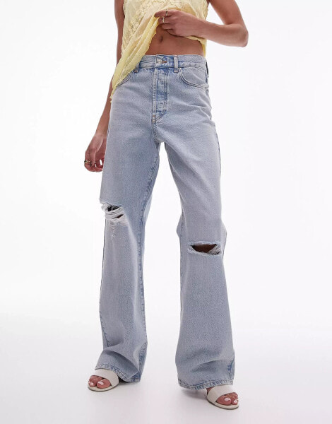 Topshop mid rise Column jeans with rips in vintage blue