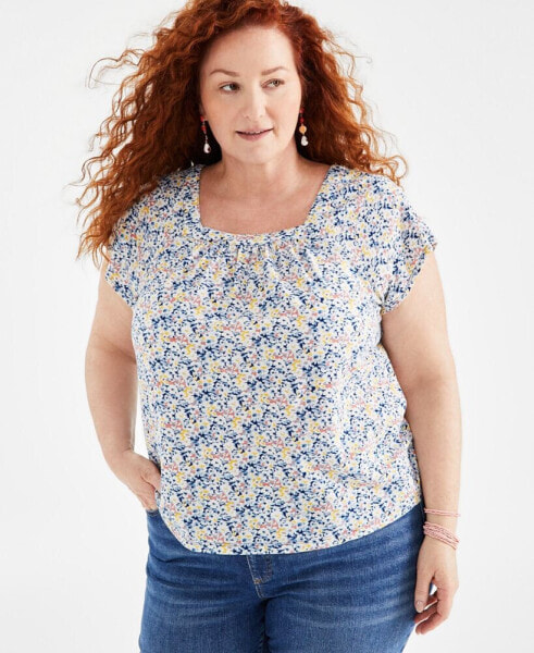 Plus Size Cotton Printed Square-Neck Flutter-Sleeve Top, Created for Macy's