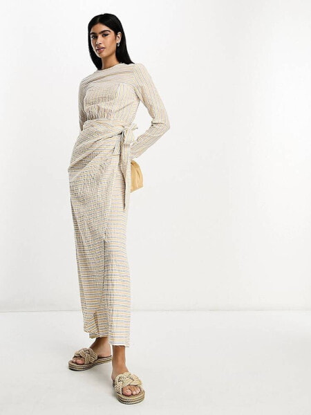 ASOS DESIGN textured maxi dress with wrap skirt yellow stripe 