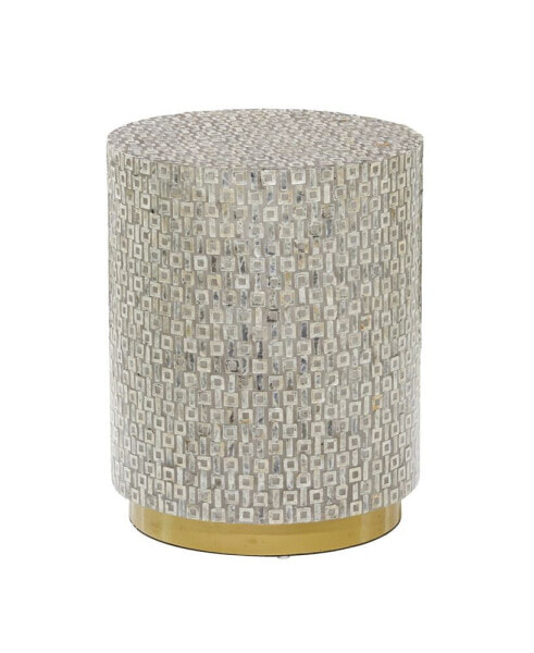 Mother of Pearl Drum Accent Table with Linear Mosaic Pattern and Gold Base