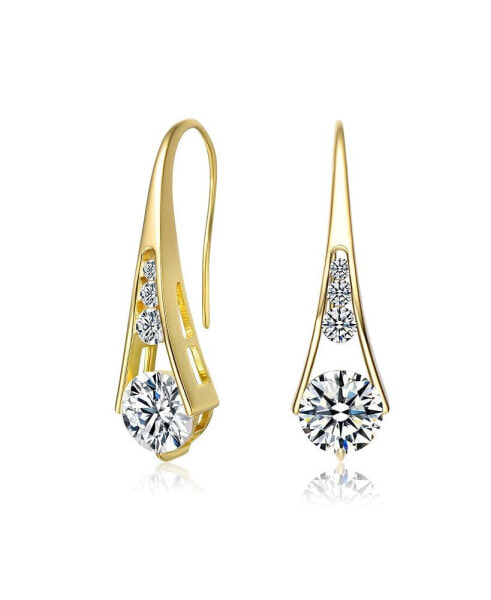 Sterling Silver 14K Gold Plated Clear Cubic Zirconia Pear Drop Hook Earrings