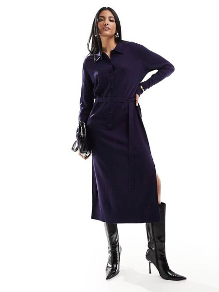 & Other Stories merino wool knitted belted midi dress in dark blue