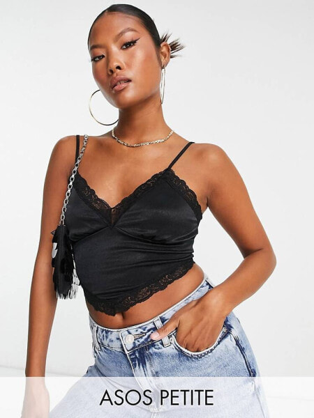 ASOS DESIGN Petite cropped scarf hem top with lace trim in black