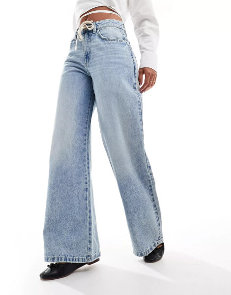 Cotton On relaxed wide leg jeans with shoelace waist detail in oasis blue