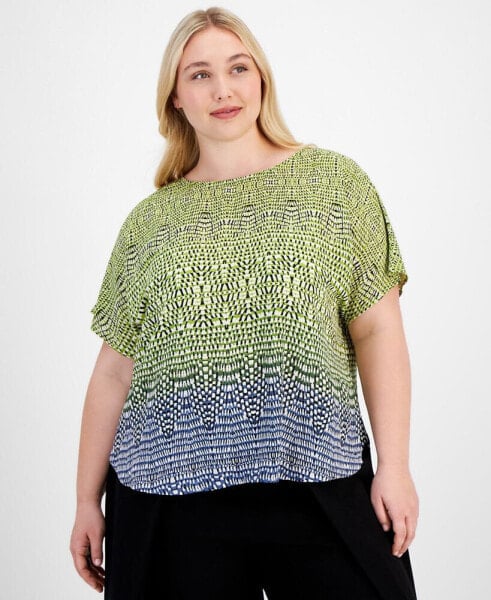 Plus Size Dot-Print Bateau-Neck Short-Sleeve Blouse