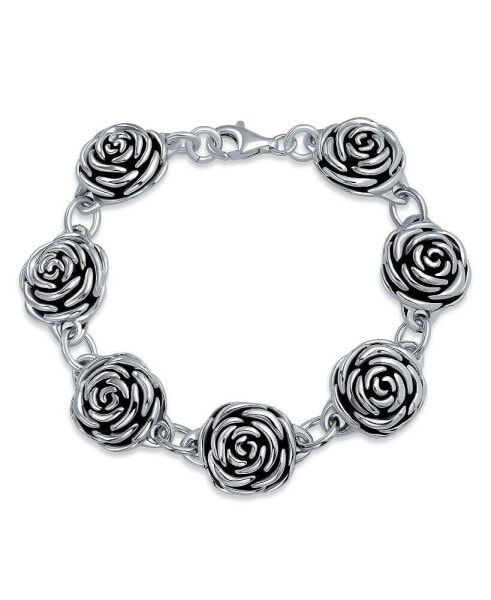 Antiqued Finish Large Statement 3D Garden Flower Black Rose Bracelet For Women Girlfriend Oxidized .925 Sterling Silver 7.5 Inch