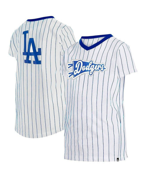 Big Girls White Los Angeles Dodgers Pinstripe V-Neck T-shirt