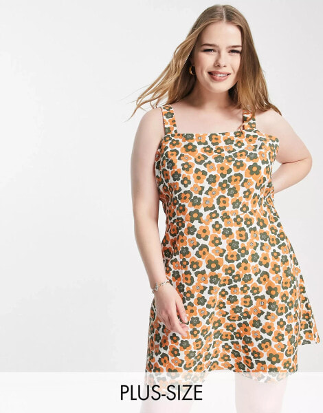 Lola May Plus mini cami dress in orange retro floral