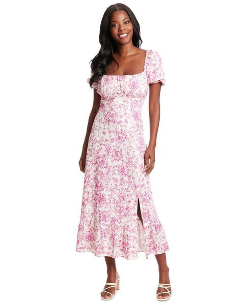 Petite Floral-Print Puff-Sleeve Maxi Dress