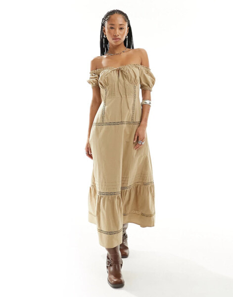 ASOS DESIGN off shoulder midi dress with pintucks & crochet trims in washed khaki