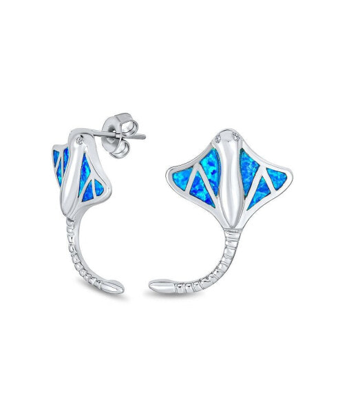 Nautical Blue Inlay Created Opal Large Stingray Stud Earrings For Women.925 Sterling Silver October Birthstone