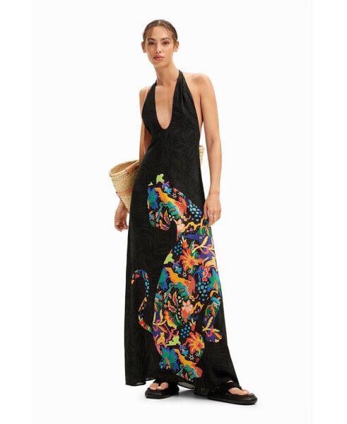 Women's Jungle design maxi halter neck dress