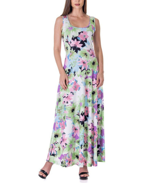 Print Scoop Neck A Line Sleeveless Maxi Dress