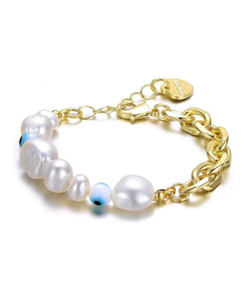 14k Yellow Gold Plated Bracelet with Freshwater Pearls, Eye Pattern Beads, and Cable Chain for Kids