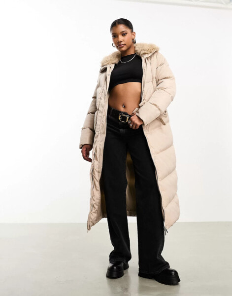 Threadbare Fairy longline maxi puffer coat with faux fur collar in stone