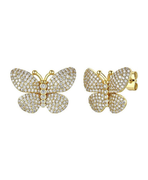 Sterling Silver 14k Yellow Gold Plated with Cubic Zirconia Butterfly Pave Earrings