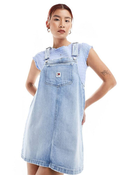 Tommy Jeans denim pinafore dress in light wash