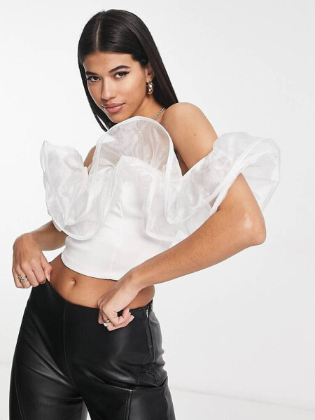 ASOS DESIGN organza ruffle bardot top in white