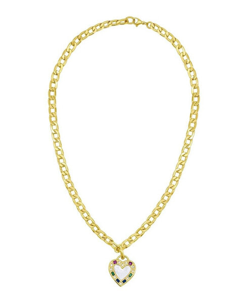 14K Gold-Plated Figaro Chain Mother-of-Pearl Heart Necklace