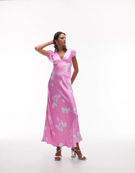 Topshop – Maxikleid in Rosa mit Flügelärmeln, V-Ausschnitt und Blumenmuster