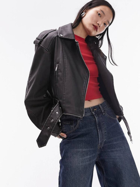 Topshop faux leather cropped biker jacket in washed black