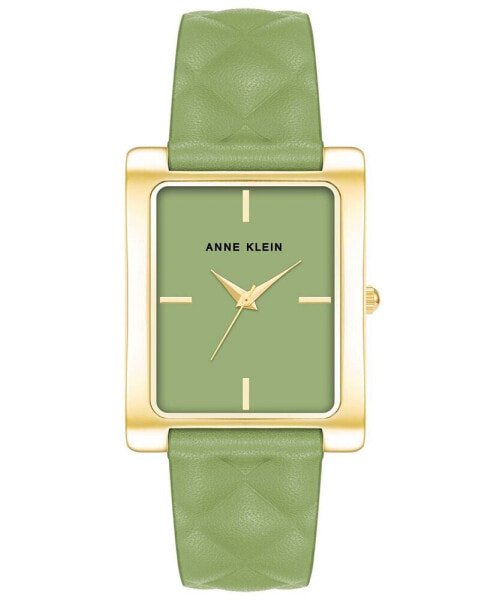 Women's Three Hand Quartz Rectangular Gold-Tone Alloy and Green Genuine Leather Strap Watch, 32mm