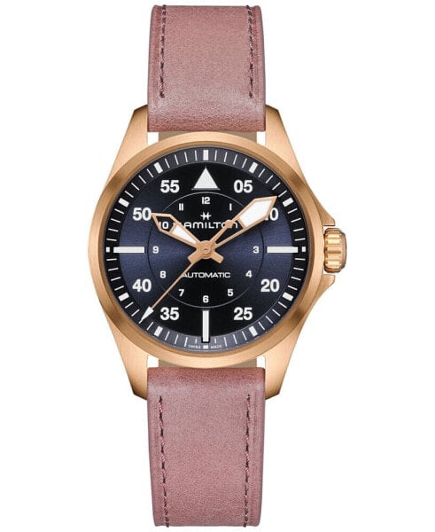 Women's Swiss Automatic Khaki Aviation Pink Leather Strap Watch 36mm