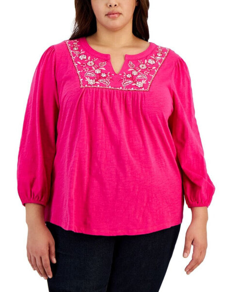 Plus Size Embroidered Split-Neck Top, Created for Macy's