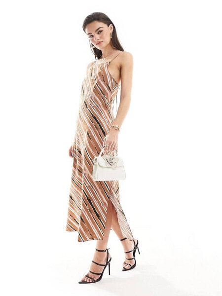 French Connection Gaia textured halterneck midi dress in mocha stripe