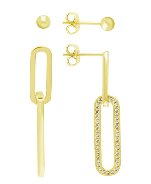 High Polished Ball Stud and Post Paper Clip Clear Crystal Drop Earring Set, Gold Plate