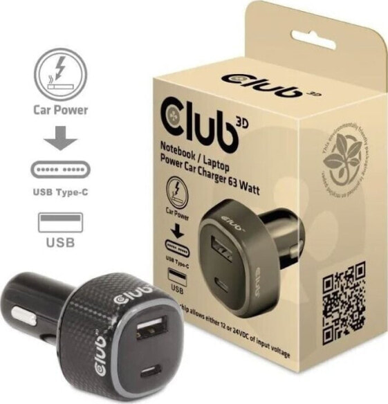 Ładowarka Club 3D Club3D Auto nabíječka pro Notebooky 63W, 2 porty (USB-A + USB-C)