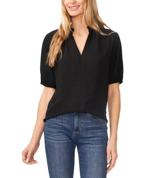 Women's Short Sleeve Ruffle Neck Raglan Split Neck Blouse