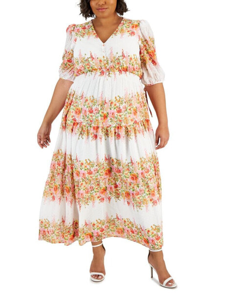 Plus Size Floral-Print Chiffon A-Line Midi Dress