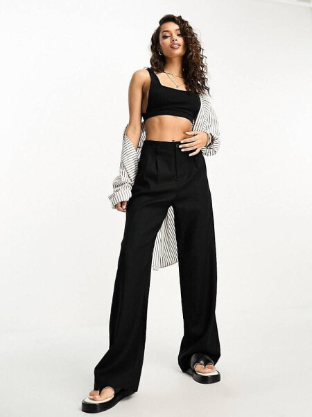 Stradivarius Petite linen look wide leg trouser in black