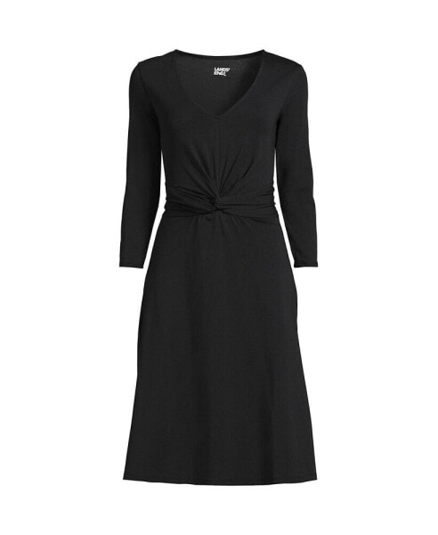Petite Lightweight Cotton Modal 3/4 Sleeve Fit and Flare V-Neck Dress