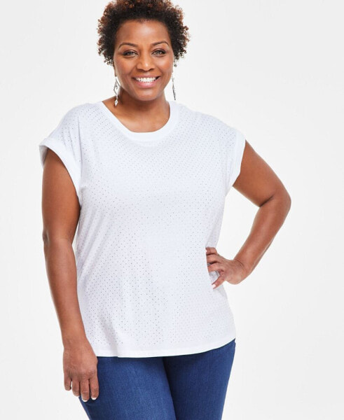 Plus Size Rhinestone Rolled-Sleeve Top, Created for Macy's