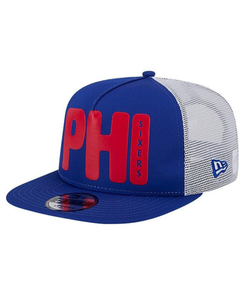 Men's Royal Philadelphia 76ers Puff Print Team Code A-Frame 9FIFTY Trucker Snapback Hat