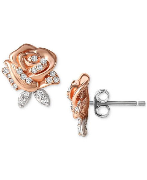 Cubic Zirconia Rose Beauty & The Beast Stud Earrings in Sterling Silver & 18k Rose Gold-Plate
