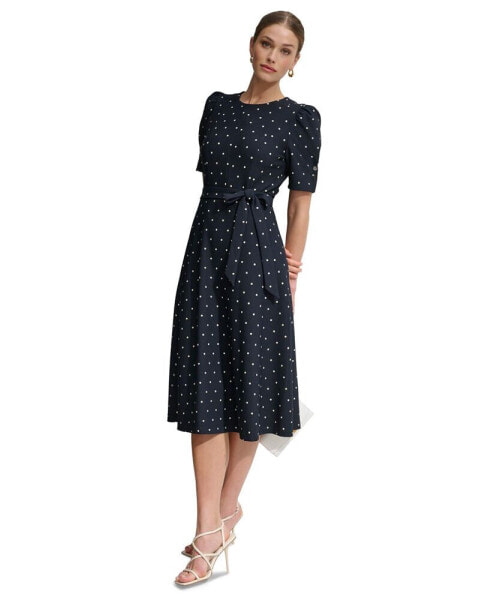 Women's Polka-Dot Puff-Sleeve Midi Dress