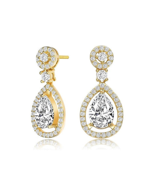 Sterling Silver with 14K Gold Plated Clear Round Cubic Zirconia Pear Drop Earrings