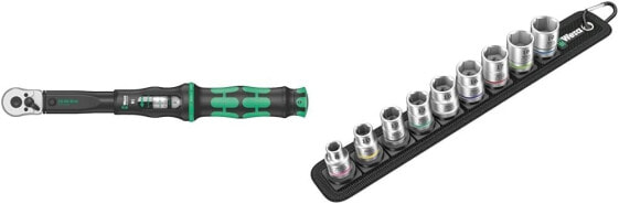 Wera Click-Torque B 05075610001 Torque Wrench with Reversible Ratchet Black Green 3/8 Inch 10-50 Nm & 05003973001 Zyklop Socket Spanner Inserts Belt B 4, 3/8 Inch Drive 9-Piece Set