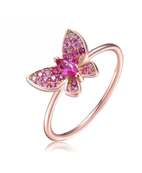 Sterling Silver with 18K Rose Gold Plated Red Cubic Zirconia Small Butterfly Ring